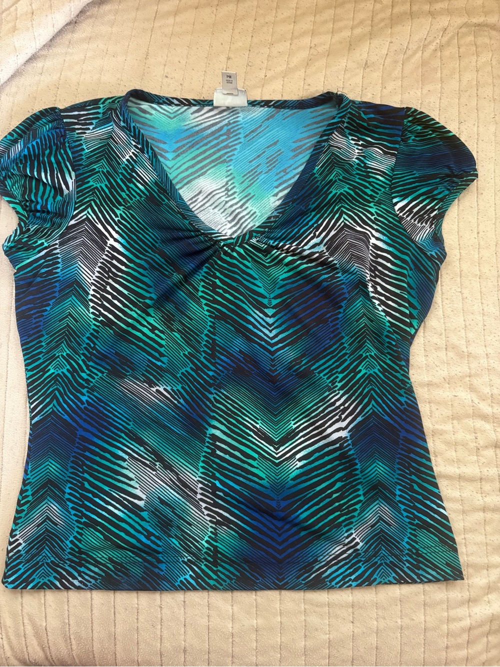 Worthington Teal Blue Green V-Neck Short Sleeve Blouse